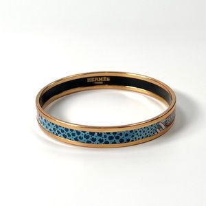 Hermès Thin Rose Gold Printed Enamel Bangle Blue Leopard